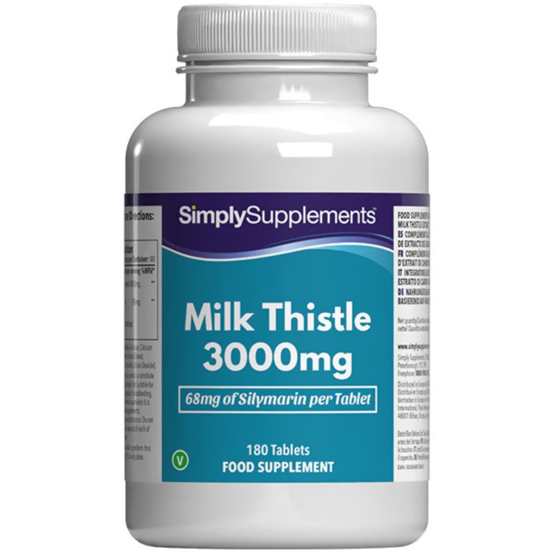 Flacon de complément alimentaire portant l'étiquette « Cardo Mariano 3000 mg Simply Supplements », de couleur bleue sur fond blanc.