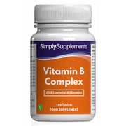 Flacon de compléments alimentaires portant l'étiquette « Complexe Vitamine B Simply Supplements », de couleur orange sur fond blanc.
