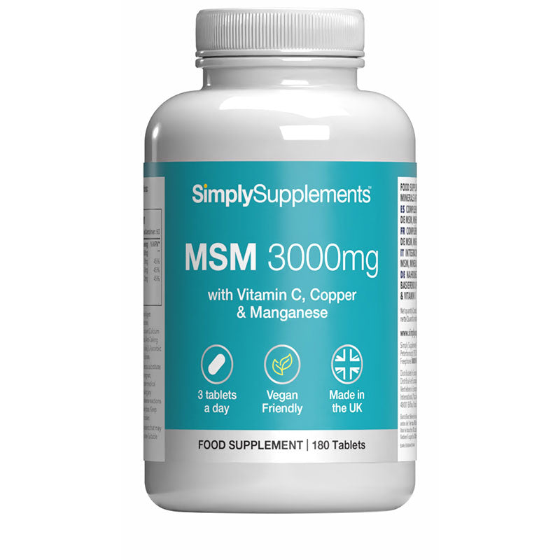 Flacon de compléments alimentaires portant l'étiquette « MSM 3000mg Simply Supplements », de couleur bleu clair sur fond blanc.
