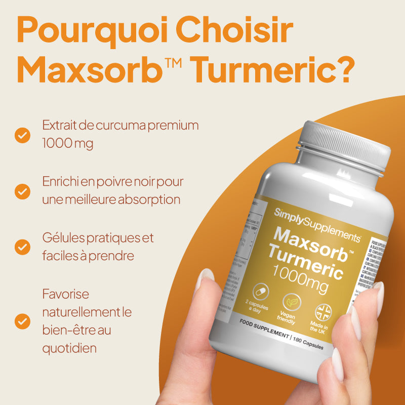 Une main tient un flacon du complément alimentaire « SimplySupplements Maxsortb Turmeric 1000 mg » devant un fond graphique aux tons chauds de beige et d'orange, avec un texte en français mettant en avant ses principaux bienfaits.