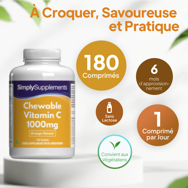 Comprimés de vitamine C à croquer Simply Supplements, 1 000 mg, saveur orange, avec un approvisionnement pour 6 mois
