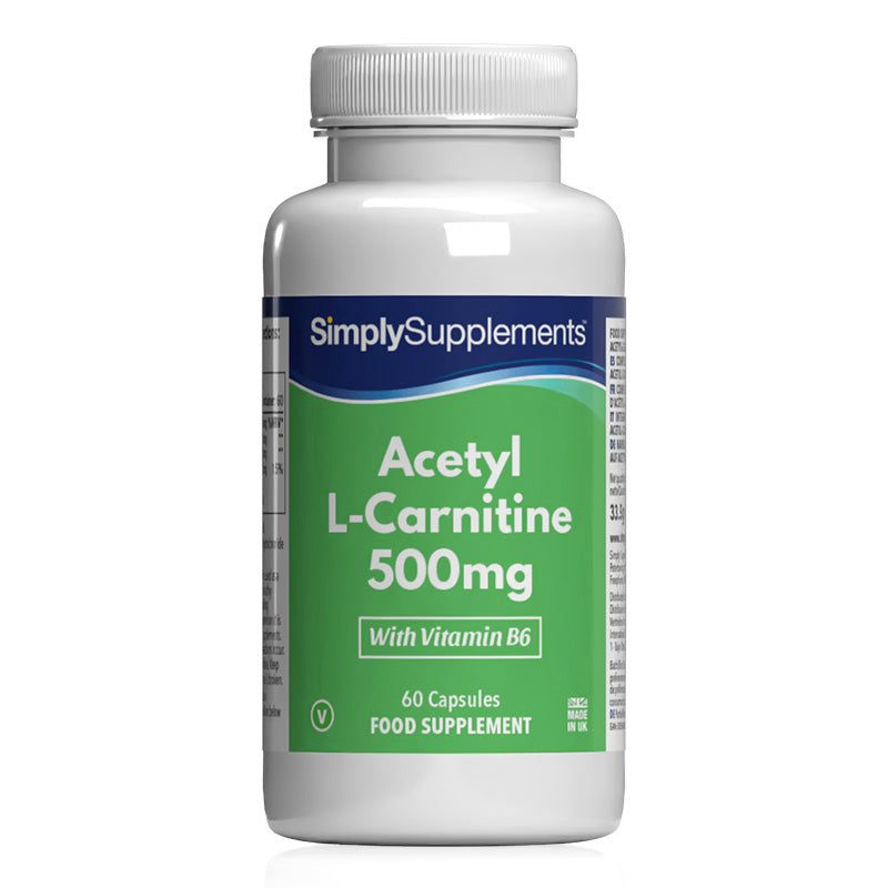 Flacon de compléments alimentaires portant l'étiquette « Acétyl L-Carnitine 500mg Simply Supplements », de couleur vert sur fond blanc.
