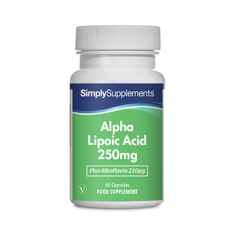 Flacon de compléments alimentaires portant l'étiquette « Acide Alpha Lipoique 250mg Simply Supplements », de couleur vert sur fond blanc.
