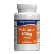 Flacon de compléments alimentaires portant l'étiquette « Acide folique (Vitamine B9) 400µg Simply Supplements », de couleur orange sur fond blanc.
