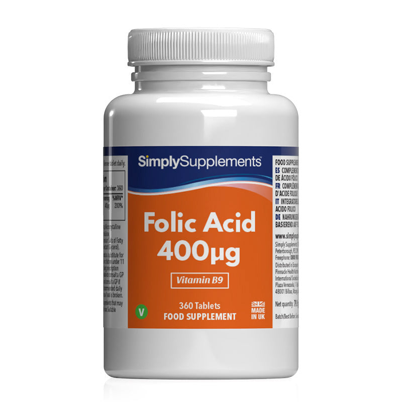 Flacon de compléments alimentaires portant l'étiquette « Acide folique (Vitamine B9) 400µg Simply Supplements », de couleur orange sur fond blanc.
