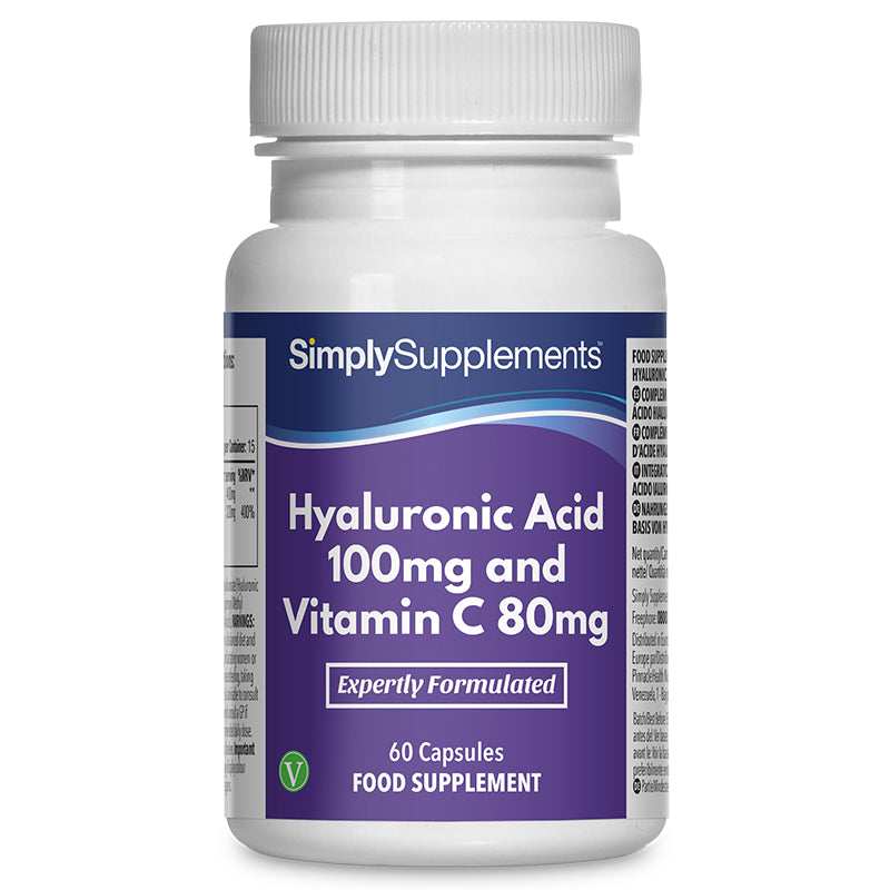 Flacon de compléments alimentaires portant l'étiquette « Acide Hyaluronique 100mg et Vitamine C 80mg Simply Supplements », de couleur violette sur fond blanc.
