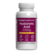 Flacon de compléments alimentaires portant l'étiquette « Acide Hyaluronique 200mg Simply Supplements », de couleur bleu clair sur fond blanc.