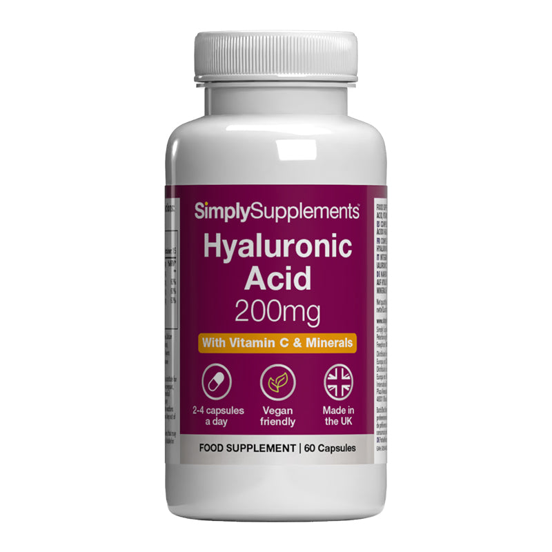 Flacon de compléments alimentaires portant l'étiquette « Acide Hyaluronique 200mg Simply Supplements », de couleur bleu clair sur fond blanc.