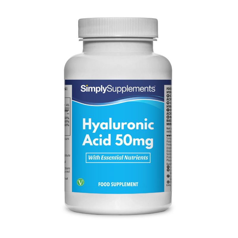 Flacon de compléments alimentaires portant l'étiquette « Acide Hyaluronique 50mg Simply Supplements », de couleur bleu clair sur fond blanc.
