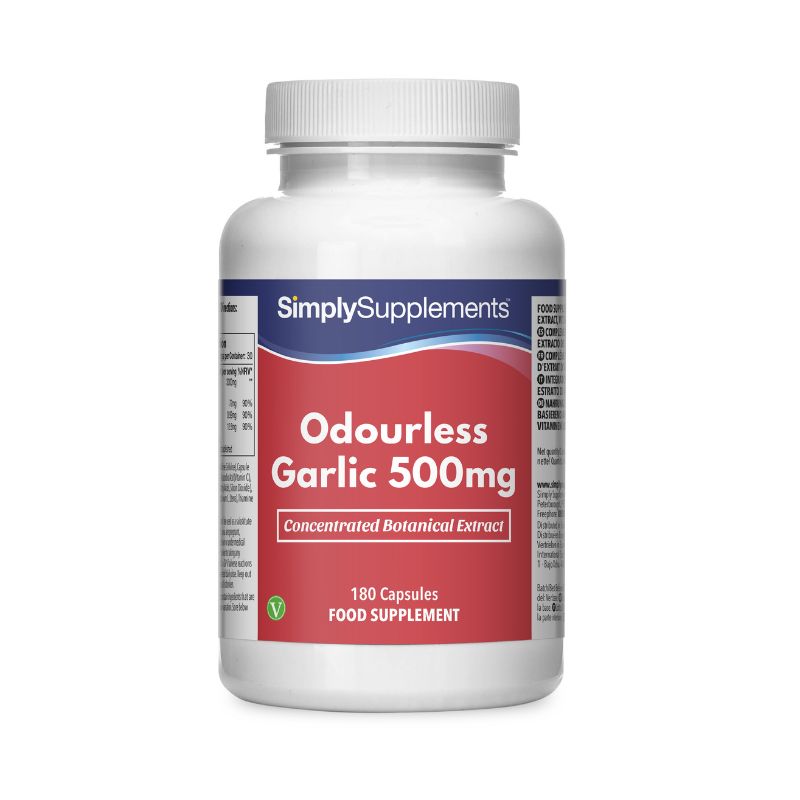 Flacon de compléments alimentaires portant l'étiquette « Ail 500mg Simply Supplements », de couleur rouge sur fond blanc.
