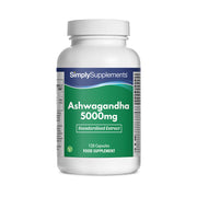 Flacon de compléments alimentaires portant l'étiquette « Ashwagandha 5000mg Simply Supplements », de couleur vert sur fond blanc.
