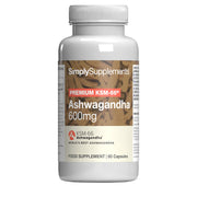 Flacon de compléments alimentaires portant l'étiquette « Ashwagandha KSM-66 600mg Simply Supplements », de couleur marron sur fond blanc.
