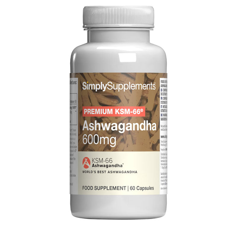 Flacon de compléments alimentaires portant l'étiquette « Ashwagandha KSM-66 600mg Simply Supplements », de couleur marron sur fond blanc.