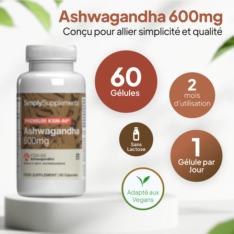 Un flacon de complément alimentaire « SimplySupplements Ashwagandha 600 mg » présenté sur un socle blanc, accompagné d'un texte promotionnel en français et d'encadrés circulaires indiquant « 60 gélules », « 2 mois d'utilisation », « 1 gélule par jour » et « formule végétalienne ».