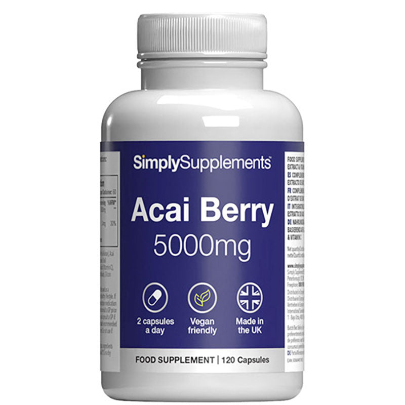 Flacon de compléments alimentaires portant l'étiquette «Baie d'Açaï 5000mg Simply Supplements », de couleur violette sur fond blanc.
