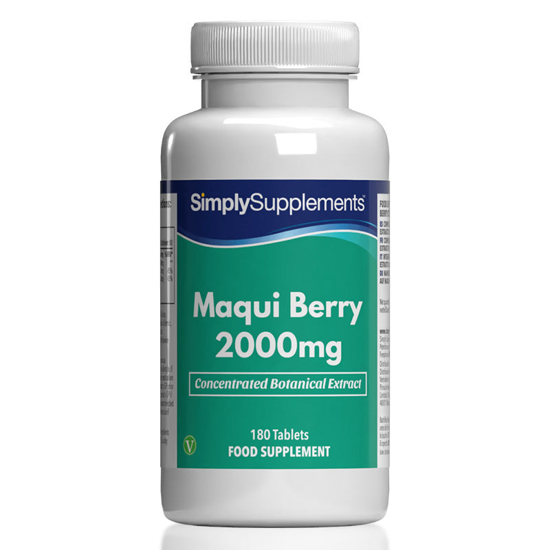 Flacon de compléments alimentaires portant l'étiquette « Baie de Maqui 2000mg Simply Supplements », de couleur vert sur fond blanc.

