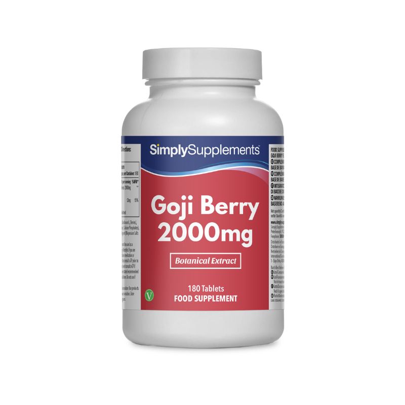 Flacon de compléments alimentaires portant l'étiquette « Baies de Goji 2000mg Simply Supplements », de couleur rouge sur fond blanc.
