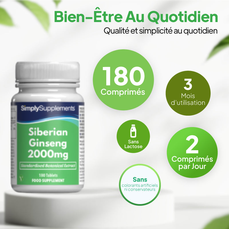 Un flacon du complément alimentaire « SimplySupplements Ginseng de Sibérie 2000 mg » présenté sur un socle blanc, accompagné d'un texte promotionnel en français et de bulles circulaires vertes mettant en avant les 180 comprimés, la durée d'utilisation de 3 mois, l'absence de lactose et la posologie de 2 comprimés par jour.