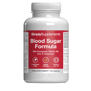 Flacon de compléments alimentaires portant l'étiquette «Blood Sugar Formula Simply Supplements », de couleur rouge sur fond blanc.
