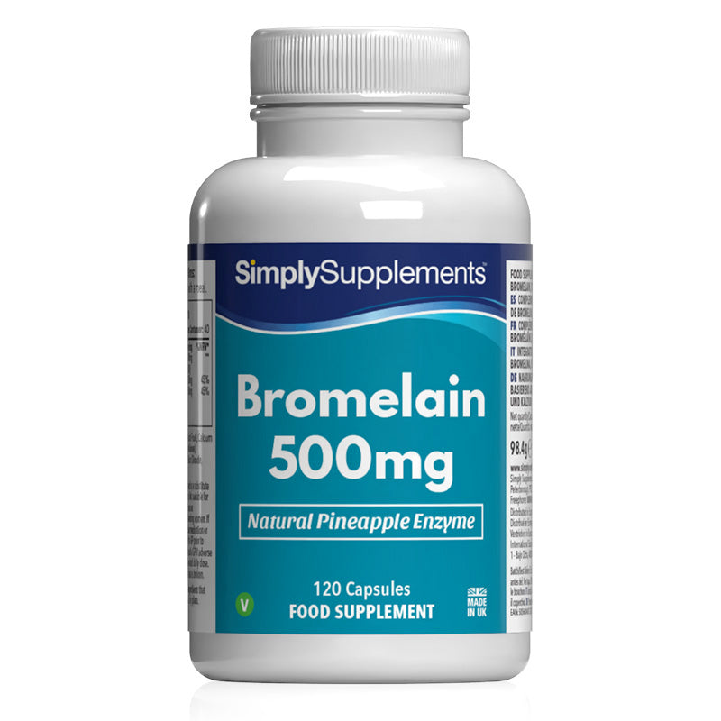 Flacon de compléments alimentaires portant l'étiquette «Bromélaïne 500mg Simply Supplements », de couleur bleu sur fond blanc.

