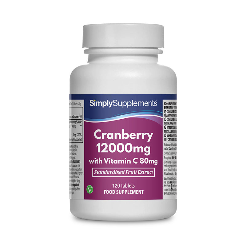 Flacon de compléments alimentaires portant l'étiquette «Canneberge 12000mg | Vitamine C 80mg Simply Supplements », de couleur violette sur fond blanc.
