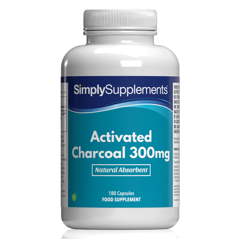 Flacon de compléments alimentaires portant l'étiquette « Charbon Actif 300mg Simply Supplements », de couleur bleu sur fond blanc.
