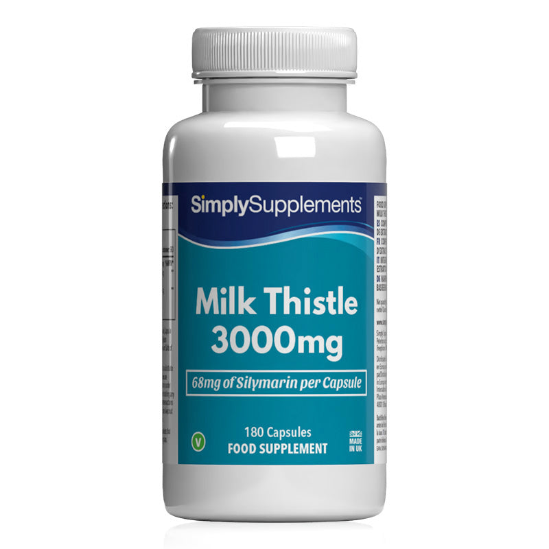 Flacon de compléments alimentaires portant l'étiquette « Chardon-Marie 3000mg Simply Supplements », de couleur bleu sur fond blanc.
