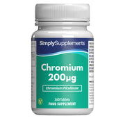 Flacon de compléments alimentaires portant l'étiquette « Chrome 200µg Simply Supplements », de couleur vert sur fond blanc.
