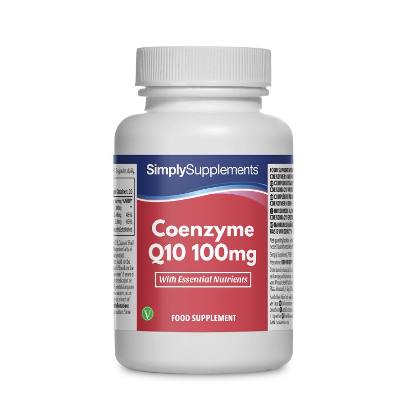 Flacon de compléments alimentaires portant l'étiquette «Coenzyme Q10 100mg Simply Supplements », de couleur rouge sur fond blanc.
