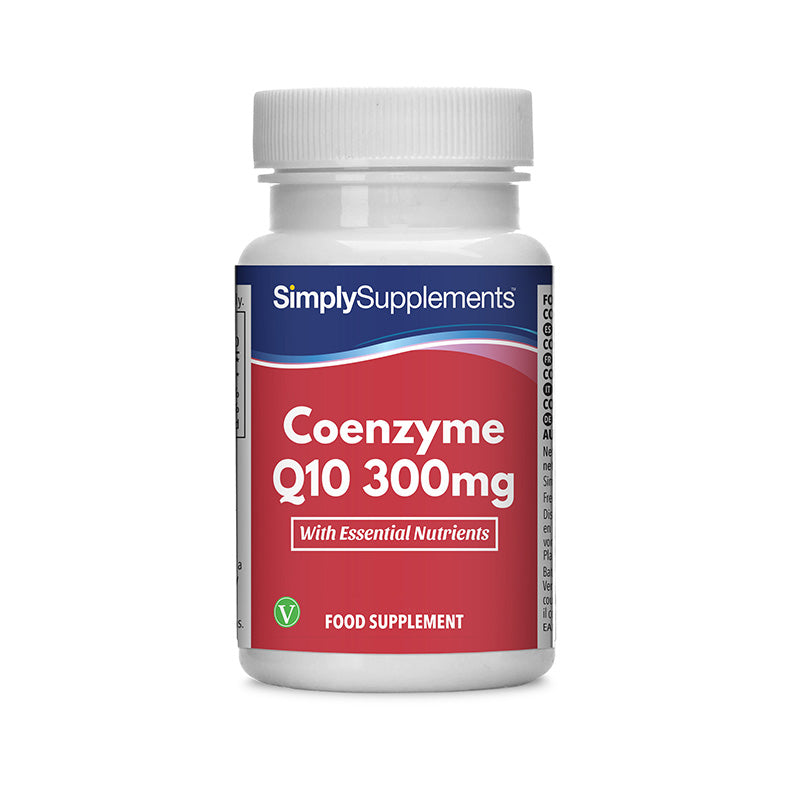 Flacon de compléments alimentaires portant l'étiquette « Coenzyme Q10 300mg Simply Supplements », de couleur rouge sur fond blanc.
