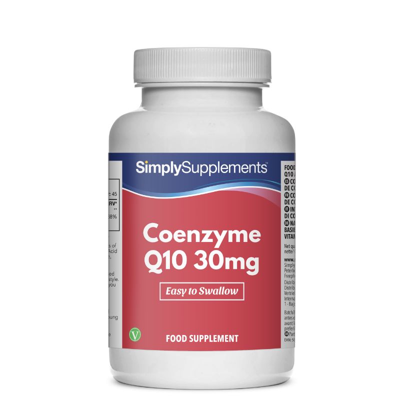 Flacon de compléments alimentaires portant l'étiquette « CoEnzyme Q10 30mg Simply Supplements », de couleur rouge sur fond blanc.
