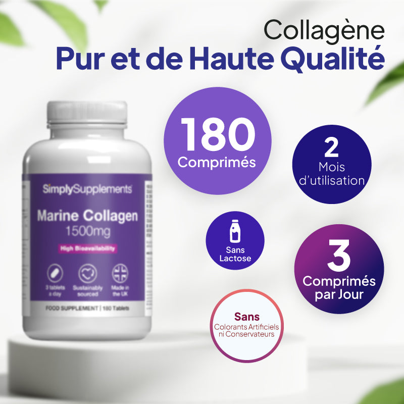 Un flacon du complément alimentaire « SimplySupplements Marine Collagen 1500 mg » présenté sur un socle blanc, accompagné d'un texte promotionnel et d'encadrés circulaires violets en français, indiquant notamment « 180 comprimés » et « 2 mois d'utilisation ».