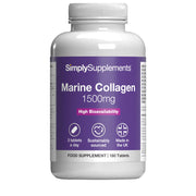 Flacon de compléments alimentaires portant l'étiquette « Collagène marin 1500mg Simply Supplements », de couleur violette sur fond blanc.

