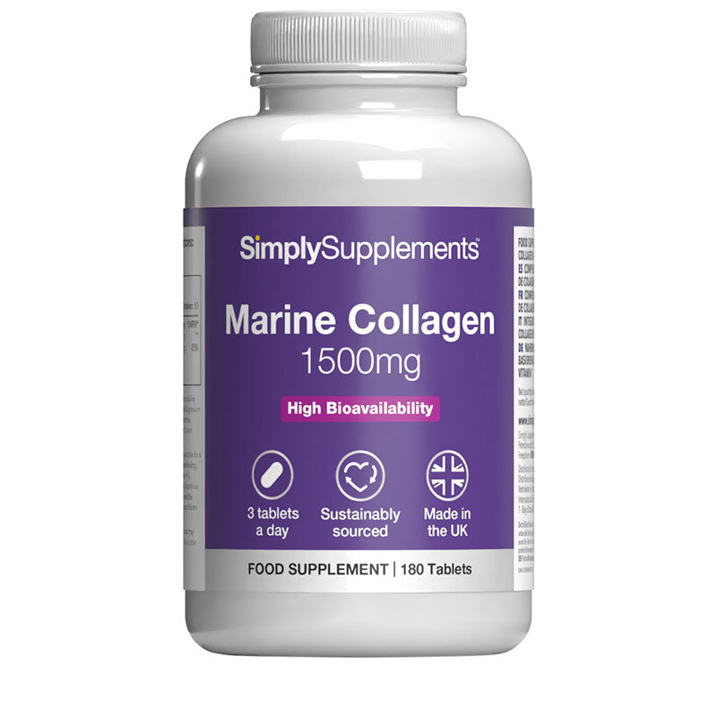 Flacon de compléments alimentaires portant l'étiquette « Collagène marin 1500mg Simply Supplements », de couleur violette sur fond blanc.
