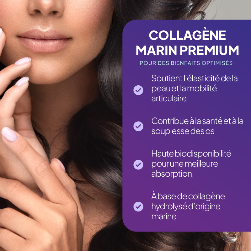 Gros plan sur le bas du visage et les mains d'une femme, avec, sur un panneau violet, un texte marketing en français indiquant « COLLAGÈNE MARIN PREMIUM » ainsi que les bienfaits du produit.
