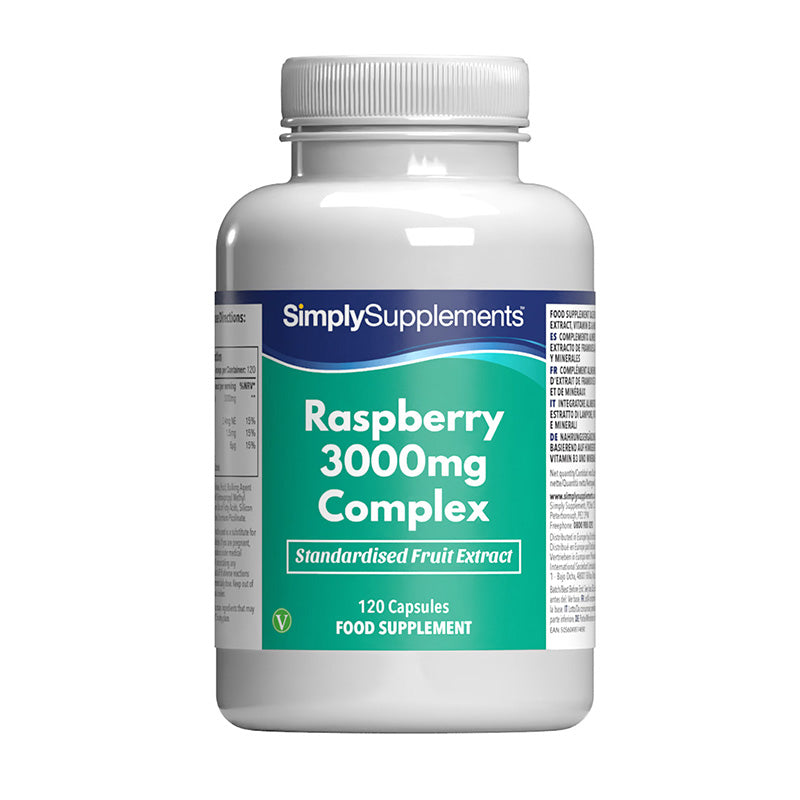 Flacon de compléments alimentaires portant l'étiquette « Complexe de Framboise 3000mg Simply Supplements », de couleur vert sur fond blanc.
