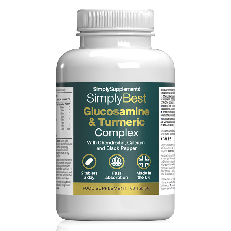 Flacon de compléments alimentaires portant l'étiquette « Complexe de Glucosamine et de Curcuma - Simply Best Simply Supplements », de couleur vert sur fond blanc.