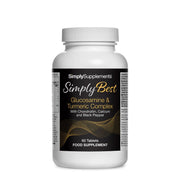 Flacon de compléments alimentaires portant l'étiquette « Complexe de Glucosamine et de Curcuma - Simply Best Simply Supplements », de couleur noir sur fond blanc.
