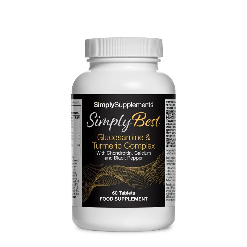Flacon de compléments alimentaires portant l'étiquette « Complexe de Glucosamine et de Curcuma - Simply Best Simply Supplements », de couleur noir sur fond blanc.
