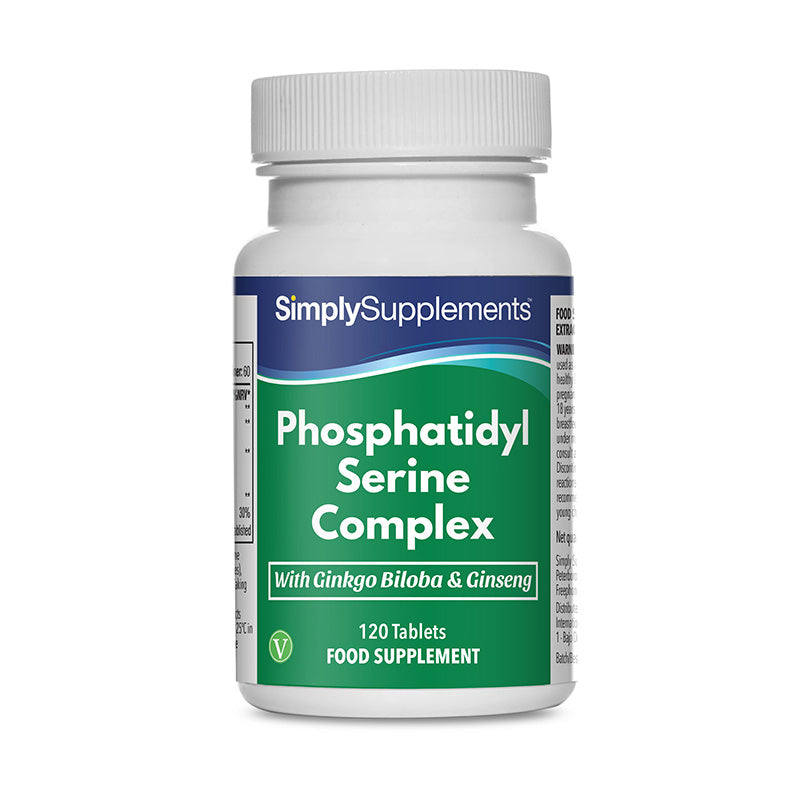 Flacon de compléments alimentaires portant l'étiquette « Complexe Phosphatidylsérine Simply Supplements », de couleur vert sur fond blanc.
