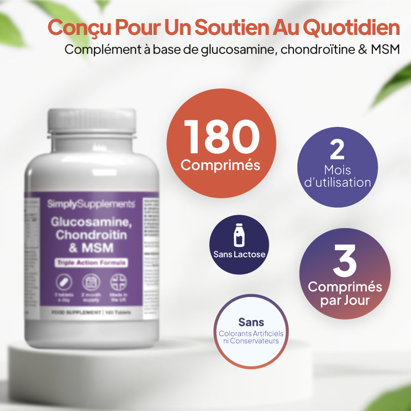 Un flacon du complément alimentaire « Glucosamine, chondroïtine et MSM » de SimplySupplements, présenté sur fond blanc, accompagné d'un texte promotionnel en français et de bulles circulaires indiquant « 180 comprimés », « 2 mois d'utilisation » et « 3 comprimés par jour ».