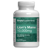 Flacon de compléments alimentaires portant l'étiquette « Crinière de Lion 10.000mg Simply Supplements », de couleur vert sur fond blanc.
