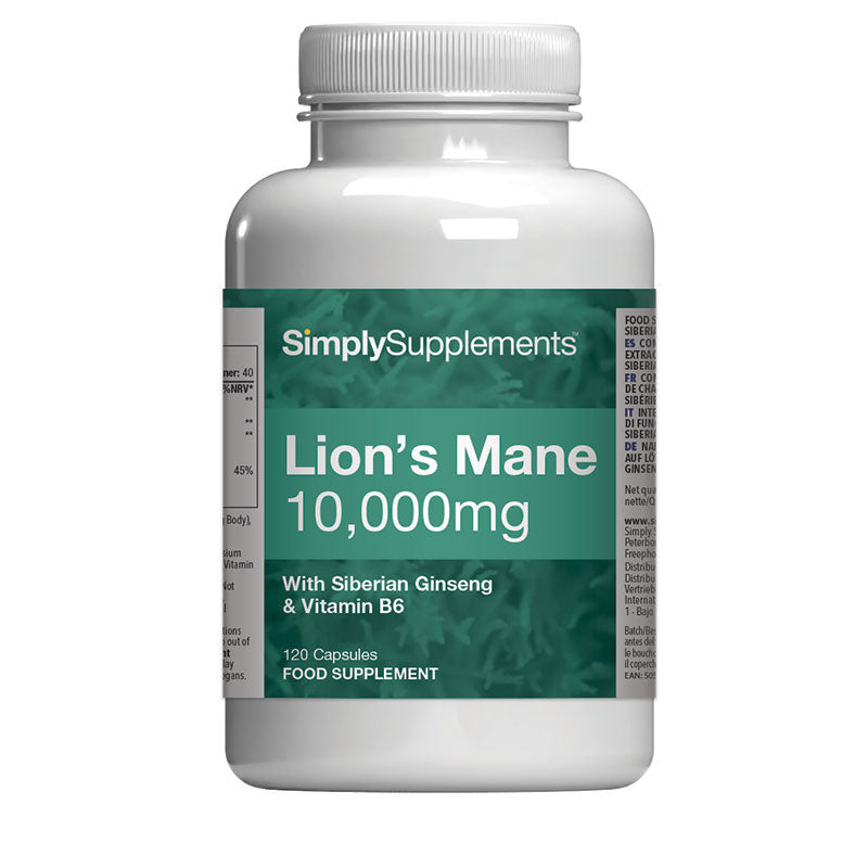 Flacon de compléments alimentaires portant l'étiquette « Crinière de Lion 10.000mg Simply Supplements », de couleur vert sur fond blanc.

