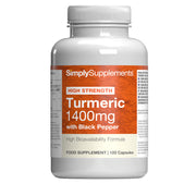 Flacon de compléments alimentaires portant l'étiquette « Curcuma 1400 mg et poivre noir Simply Supplements », de couleur orange sur fond blanc.
