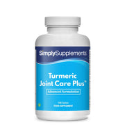 Flacon de compléments alimentaires portant l'étiquette « Curcuma Articulations Plus Simply Supplements », de couleur bleu clair sur fond blanc.
