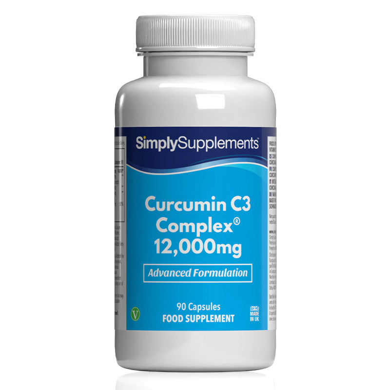 Flacon de compléments alimentaires portant l'étiquette « Curcumine 12000mg C3 Complexe Simply Supplements », de couleur bleu clair sur fond blanc.

