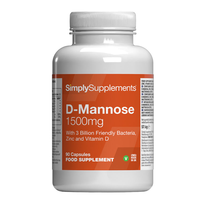 Flacon de compléments alimentaires portant l'étiquette « D-Mannose Simply Supplements », de couleur orange sur fond blanc.