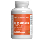 Flacon de compléments alimentaires portant l'étiquette « D-Mannose Simply Supplements », de couleur orange sur fond blanc.
