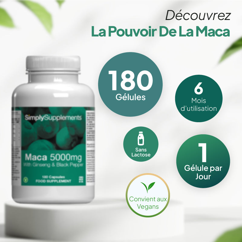Infographie sur le produit « Simply Supplements Maca 5000 mg au ginseng et au poivre noir », présentant le flacon du complément à côté d'une illustration circulaire représentant de la poudre de maca, accompagnée d'un texte indiquant « Découvrez le pouvoir de la maca » et mettant en avant les 180 gélules, soit jusqu'à 6 mois d'approvisionnement à raison d'une gélule par jour, le fait que le produit convient aux végétaliens et aux végétariens, ainsi que l'absence de colorants artificiels et de conservateurs.
