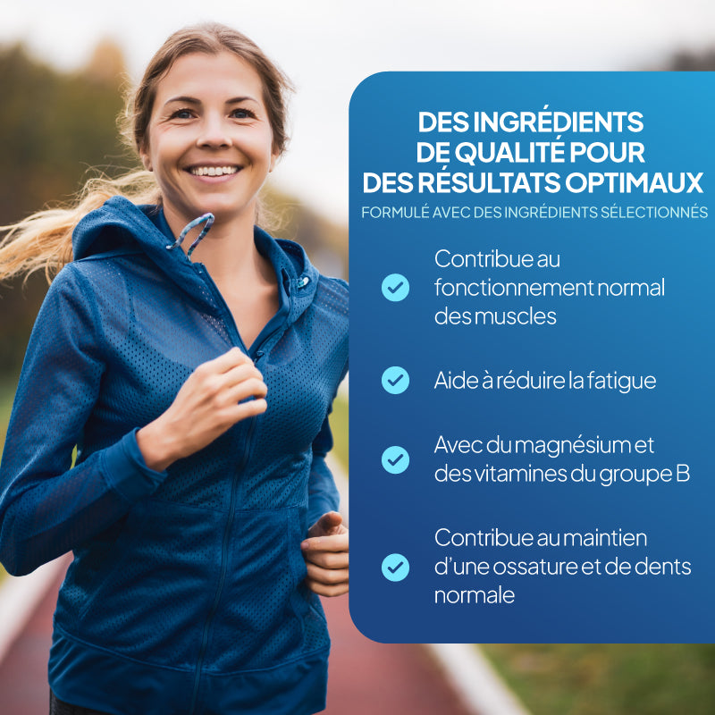 Super Magnésium 250 mg avec complexe de vitamines B favorise le bon fonctionnement musculaire et contribue à réduire la fatigue
